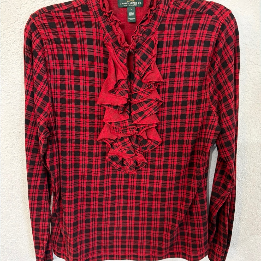 Lauren Ralph Lauren Red and Black Buffalo Plaid Ruffle Blouse Size Large